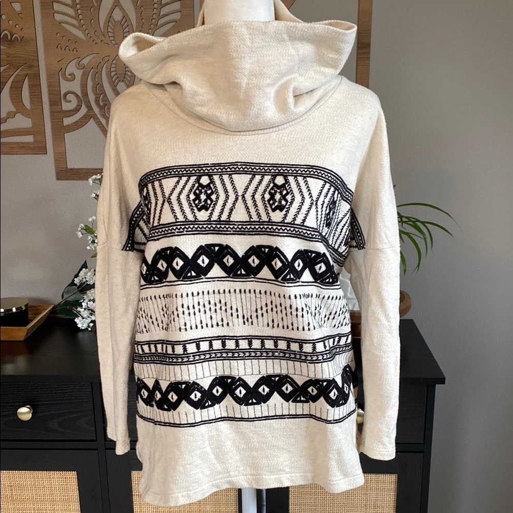 Lucky Brand Cream and Black Geometric Cowl Neck Sweater